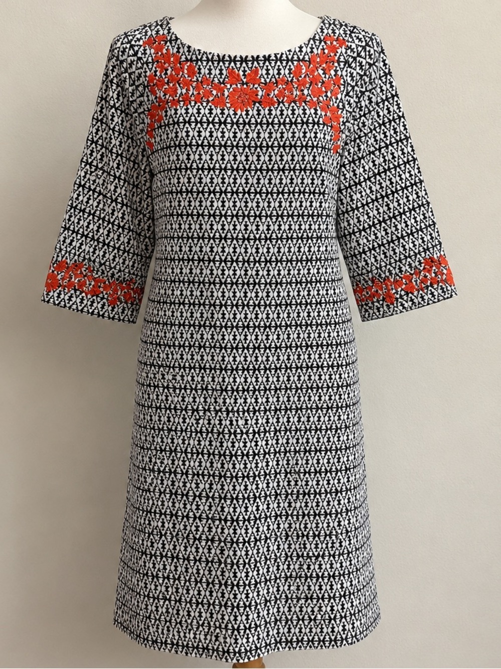 THML Black & White Geometric Dress with Red Floral Accents